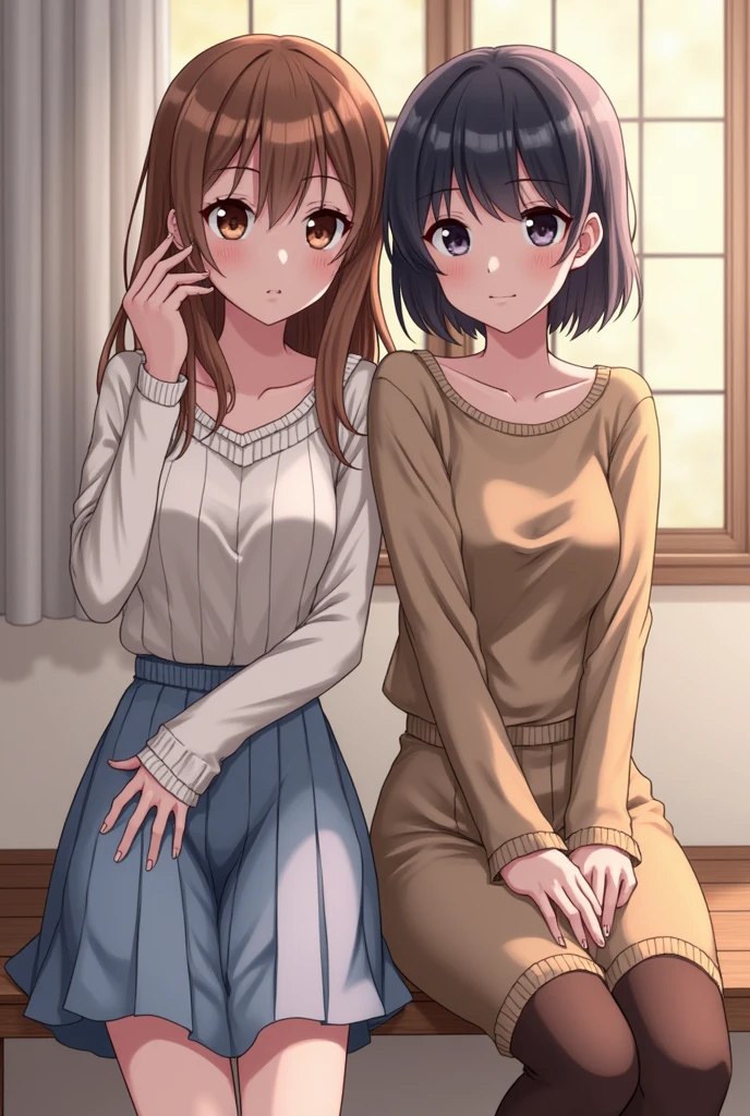 {
  "Full body and front view picture of two teenage girls, , sitting on a sofa and leaning forward with interest as they listen to Valeria's proposal, camera_angle: {Full body, front view, focusing on their curious expressions}, outfit: {pajamas: shorts and tank tops}, physical_description: {First girl: Slim body, long straight black hair, large green eyes, thin arched eyebrows, small upturned nose, thin pink lips, very fair skin. Second girl: Wavy brown hair, blue eyes, fair skin, round face with full lips and freckles}, background: {Cozy living room with soft lighting, comfortable couches, and a coffee table}
}
