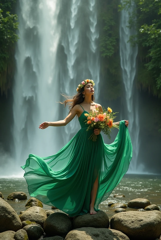 Photoshot of a beautiful woman wearing a green dress with fabric texture" the long one wearing a flower crown is carrying beautiful flowers and dancing on the rocks and under 5 very beautiful waterfalls