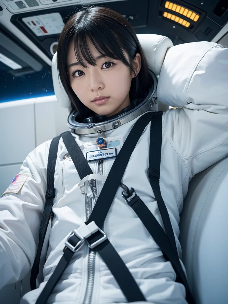 Japanese female astronaut,Black Hair,Space capsule,I was completely strapped into a reclined seat with a thick harness, so I couldn&#39;t move.,Plump,Spread your legs,Squat,Surrounded by switches and monitors,