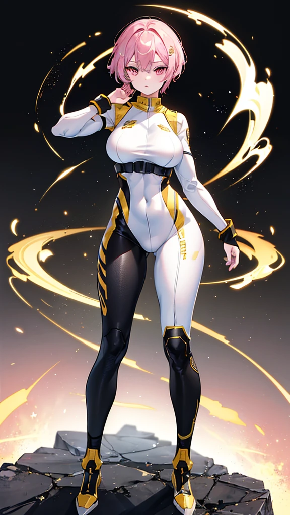 A athletic gorgeous woman, Normal breasts, Solo, White skin, Pink eyes, sidecut gold hair, wearing a skintight clothing army armor outfit with the colors white, black and gold, style super hero, standing, action pose, space uniform, Uniform tight to the body, no accessories, full body, black legs in the outfit