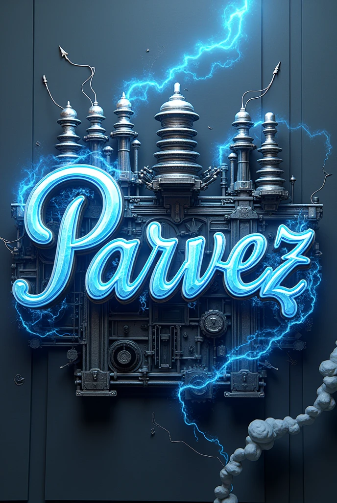 Image with the name Parvez in cursive letters with a background of electricity transformers 3D art and energy