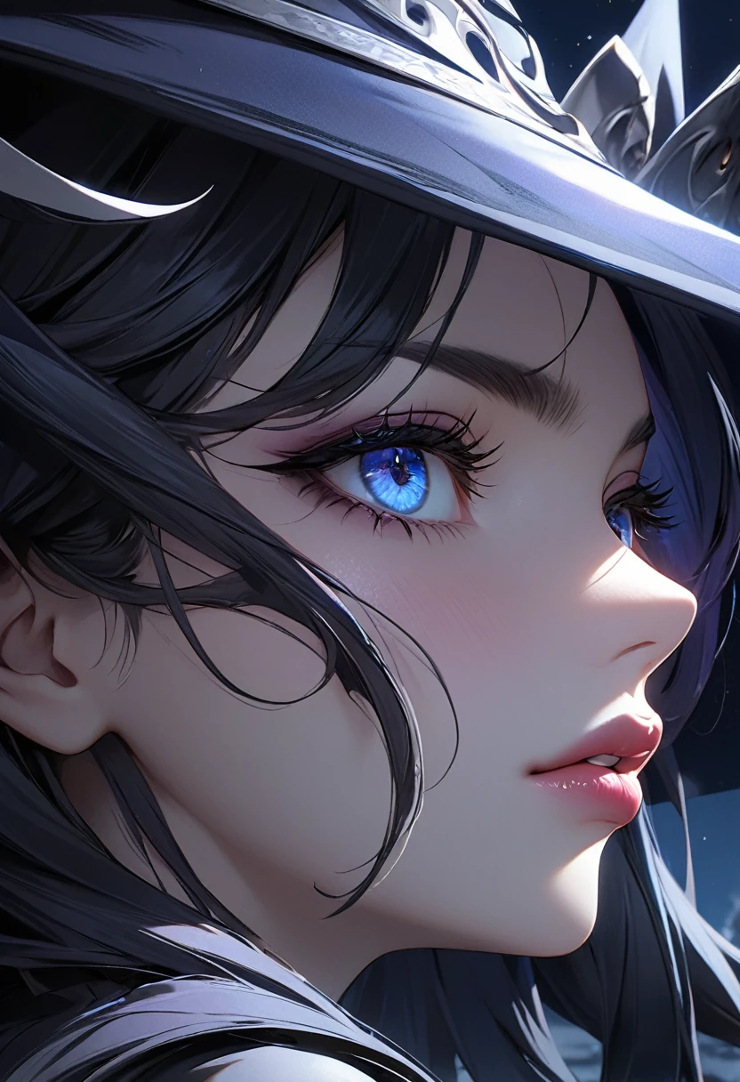 Super close-up,(very detailed CG Unity 8k wallpaper), (masterpiece), (highest quality), (very detailed), (best illustration), (best shadow), (sharp eyeliner, eyeshadow, detailed eyes: 1.1), (skullmake, night sky, :1.1), break,(Wizard of Darkness:1.1),sexy and beauty lips