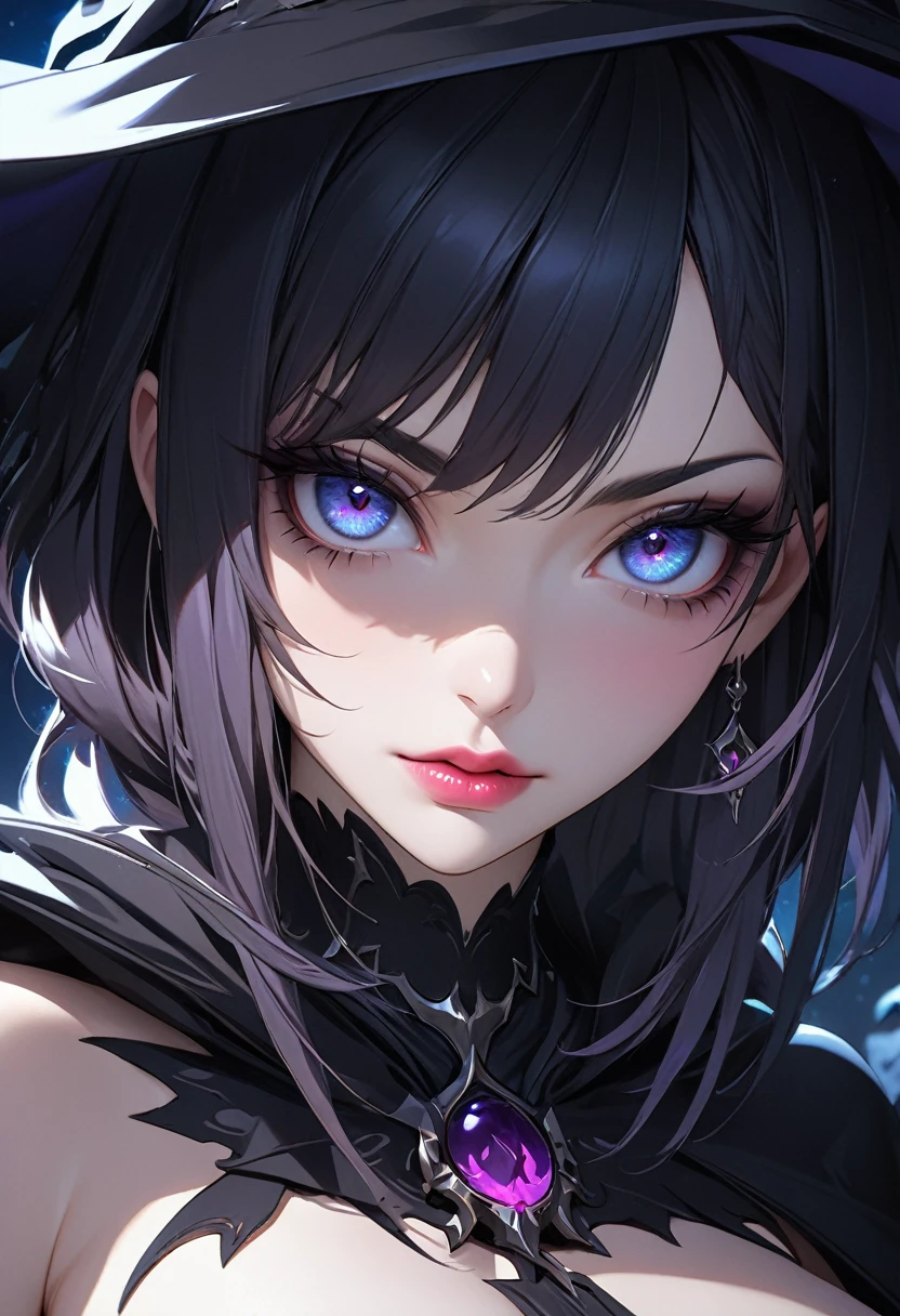 Super close-up,(very detailed CG Unity 8k wallpaper), (masterpiece), (highest quality), (very detailed), (best illustration), (best shadow), (sharp eyeliner, eyeshadow, detailed eyes: 1.1), (skullmake, night sky, :1.1), break,(Wizard of Darkness:1.1),sexy and beauty lips