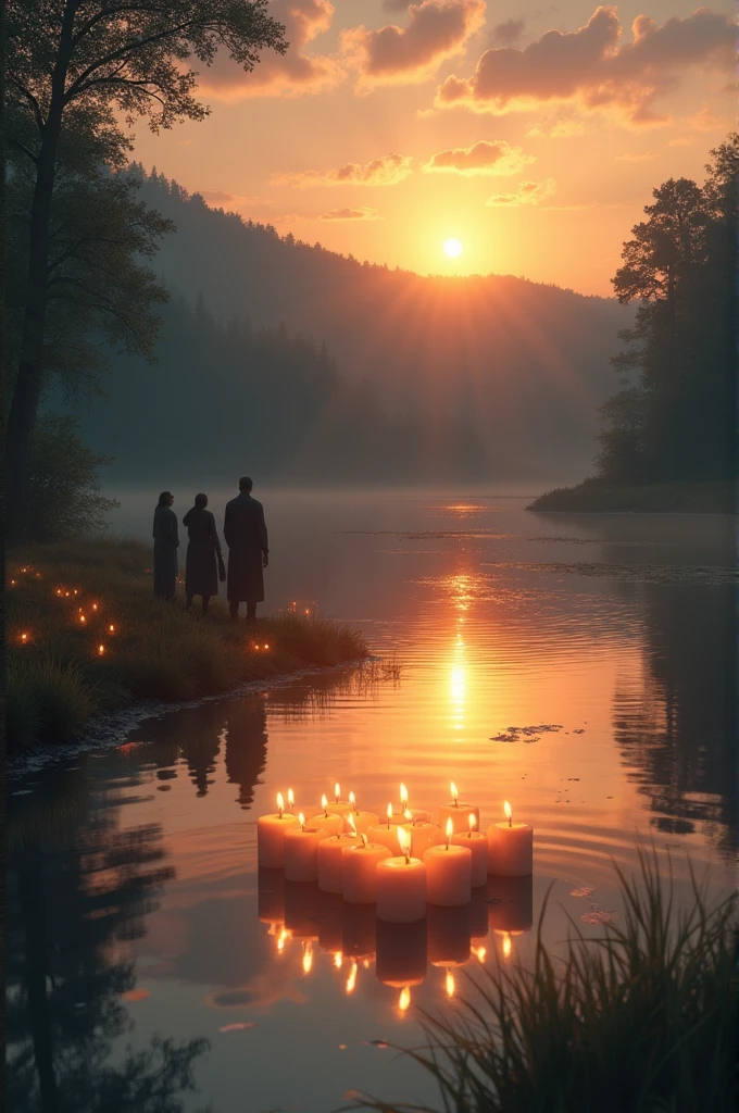 Beautiful vild at a lake with candles at sunset on the occasion of the birthday of a deceased person