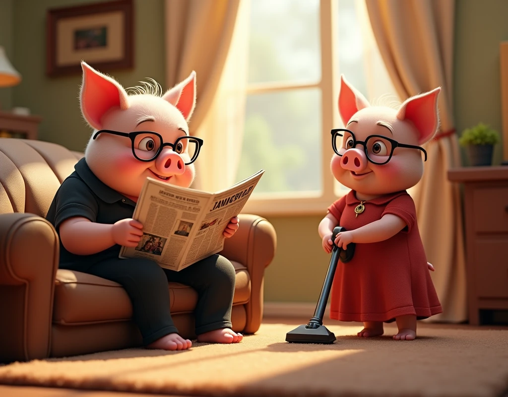 Disney style, 3d, 2 pigs, 1 cute old fat cute father pig is on the left wearing glasses, black shirt and black pants is sitting on the couch reading newspaper. On the newspaper there is a photo of a big bad wolf and the headline reads "BAD WOLF SPOTTED". On the right is 1 old fat cute mother pig wearing glasses and long red dress is using the vacuum cleaner to clean the carpet, both are smiling and looking to the right, game button art, Game illustration, lovely digital painting, artstation for kids art, Official artwork, key art, mobile game art, cover game art, zootopia concept art, (soft lighting:1.3), (green and earthy color scheme:1.3), (highly detailed), (ultra quality:1.3), (masterpiece), (digital art), 8K resolution, HDR, depth of field, (soft shadows), (photorealistic:1.3), (animation:1.2), (by Greg Rutkowski:0.9), (in the style of Alphonse Mucha), trending on ArtStation, award-winning art, 3d style