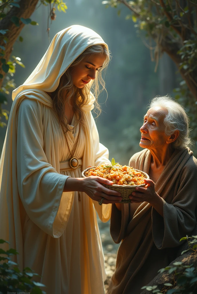 The goddess gave the old woman food drunk and shelter