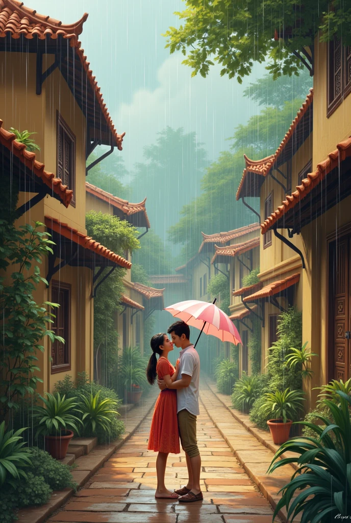 : A quaint school in a bustling Indian town back to home to cute couple Rainey days girl holding umbrella boy can enjoy rain and suggest girls