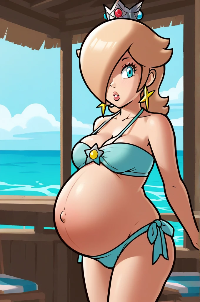 score_9, score_8_up, 1girl, solo, rosalina, style parody, thick outlines, bikini, mini kirt, pregnant belly, big belly, sleeveless, strapless, cleavage, indoors, beach, complete body, perfect