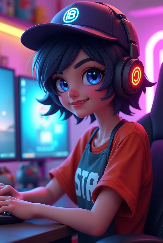 Gamer girl with short hair gamer with cap named Diana