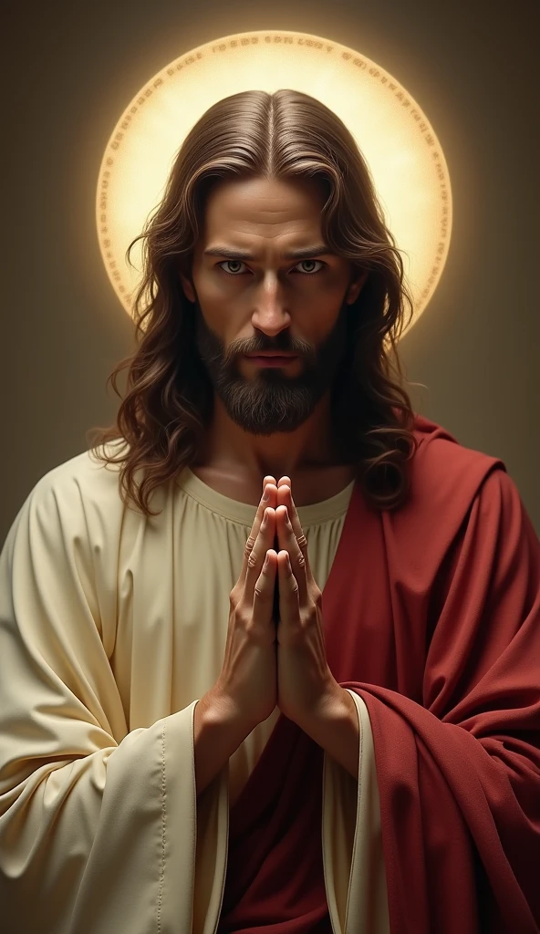 Image of Jesus Christ, medium distance, high quality, realistic. he has his hands together praying if he is speaking directly to me, round halo on head, hiper realist