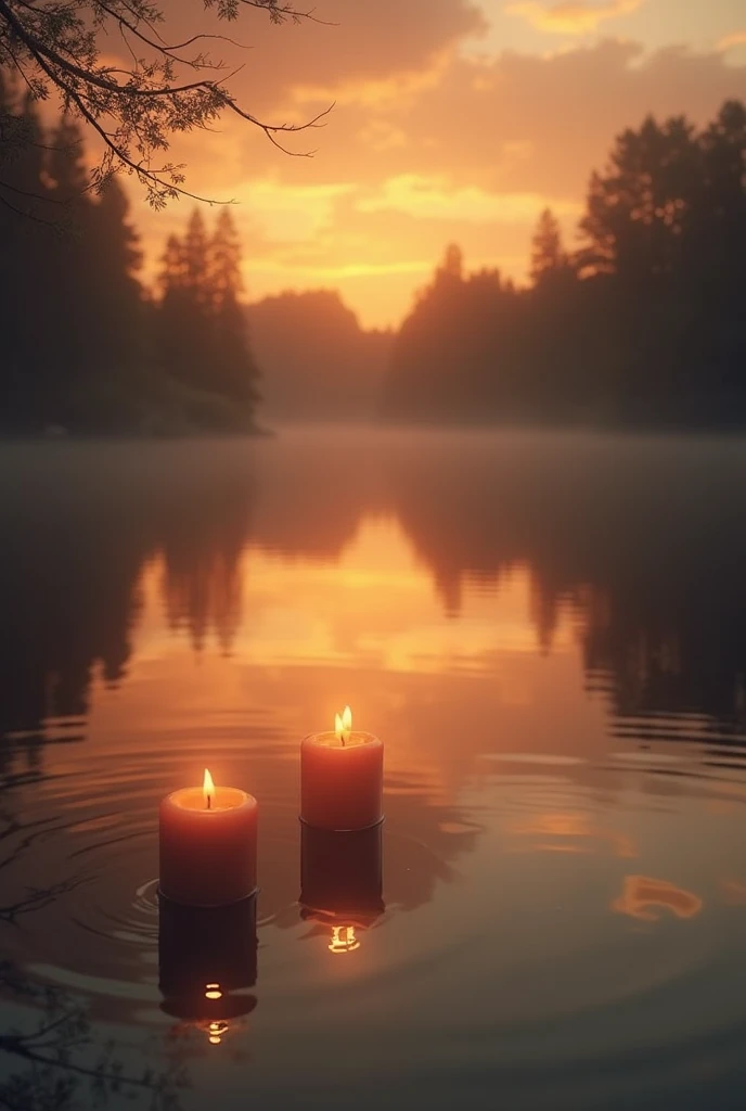 Beautiful picture at a lake with candles at sunset on the occasion of the birthday of a deceased person