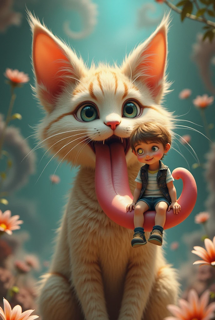 A furry ager cat with a kid sitting on the top his tongue
