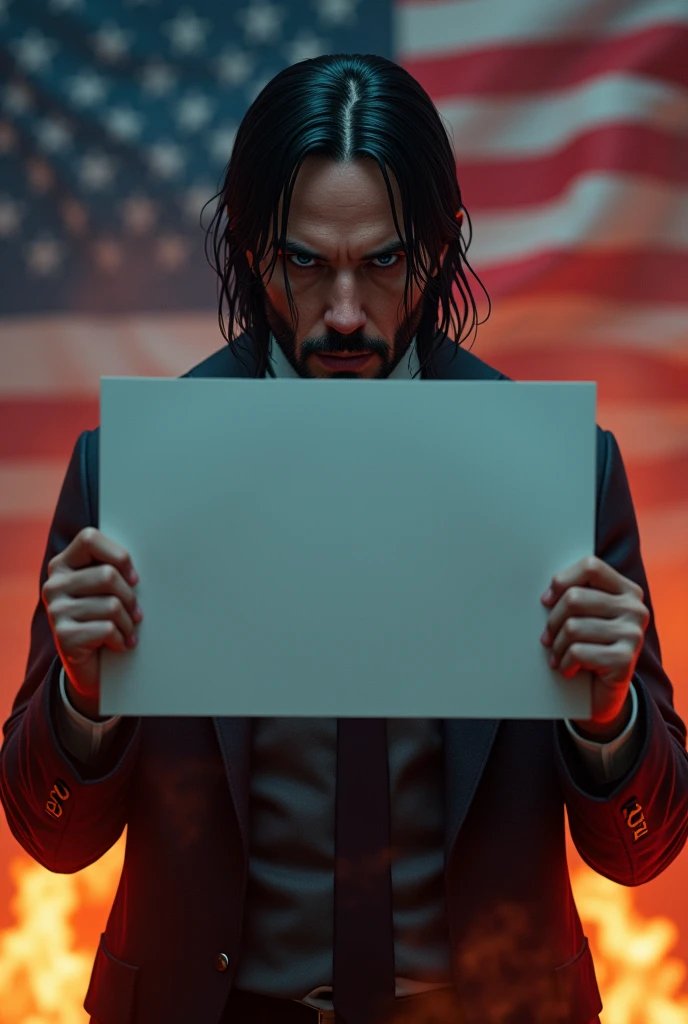 John Wick holding a blank sign up close with American flag background with fire and smoke