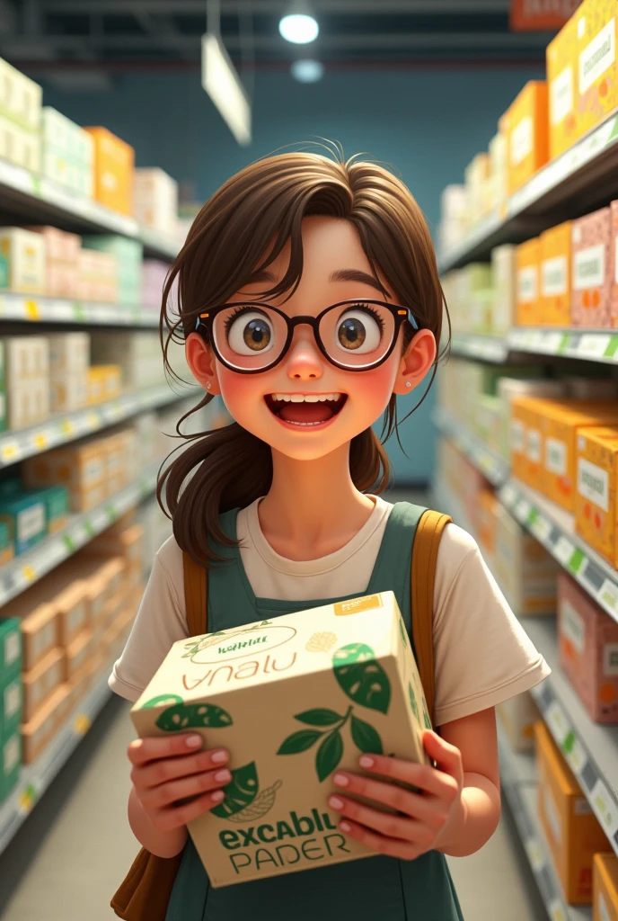 A girl with glasses in a supermarket happy to have found an environmentally friendly paper from the ecobambu brand, The supermarket is full of that brand of paper..
