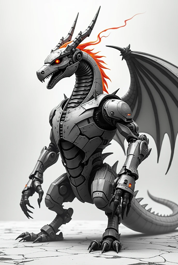 Fire dragon in robotic style black and white colur aesthetic style