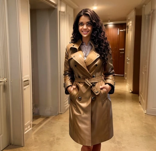 (Full length photo), (2 brunettes ), (busty:1.4), ((long curly hair)), ((detailed face)), (thin waist), (long and thin legs), (Beige leather trench coat), Standing In a hotel room , (4k image)