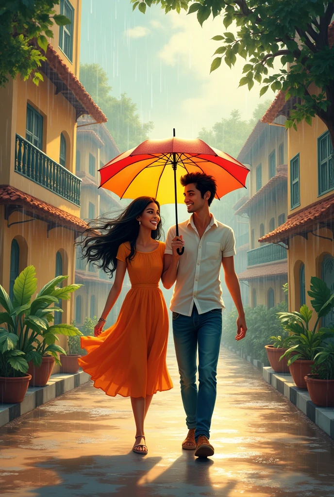 : A quaint school in a bustling Indian town back to home to cute couple Rainey days girl holding umbrella and walking boy can enjoy rain and suggest girls