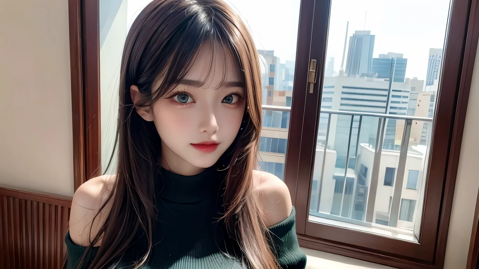 (masterpiece), (best quality, highres, highly-detailed, illustration), 1girl, solo, city, contemporary, black wavy long hair, green eyes, beautiful detailed eyes, proportional face, big breast, huge breast, gigantic breast, she only wear a white off-the-shoulder sweater,8k, trending on ArtStation, featured on Pixiv, hotel room, night,