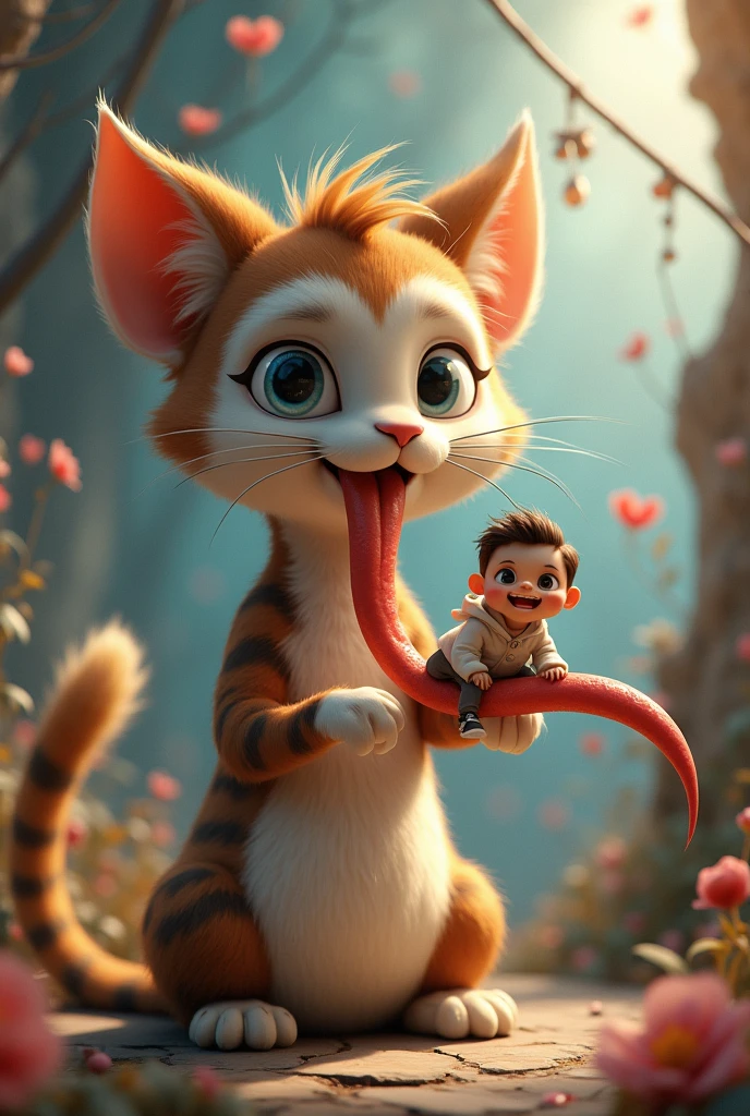 A furry ager cat with a kid sitting on the top his tongue