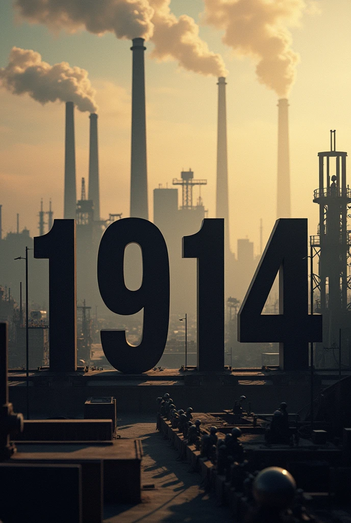An image that looks like the factories but shows the date 1914 in large format but the Ford factories in the background. shows 1914 in a big way with the Ford factory