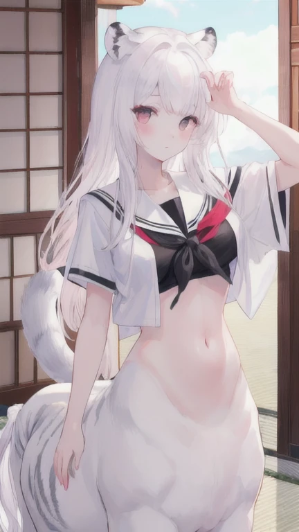 (best quality, masterpiece), 1 girl, centaur, I beg, White skin, Japanese schoolgirl,daughter,black pink, exposing the abdomen, belly button t-shirt , beautiful girl perfect, White tiger photo, 완벽한 White tiger photo