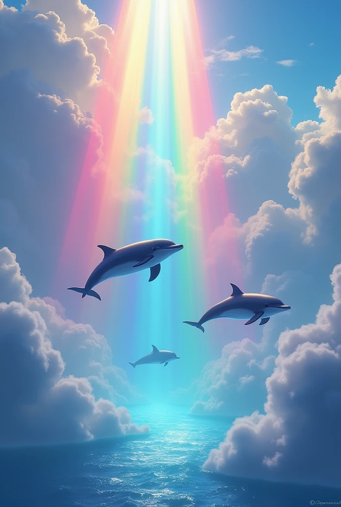 Dolphins fly in the sky, there is a rainbow in the water, there are beautiful rainbow clouds, there are three rainbows in heaven.