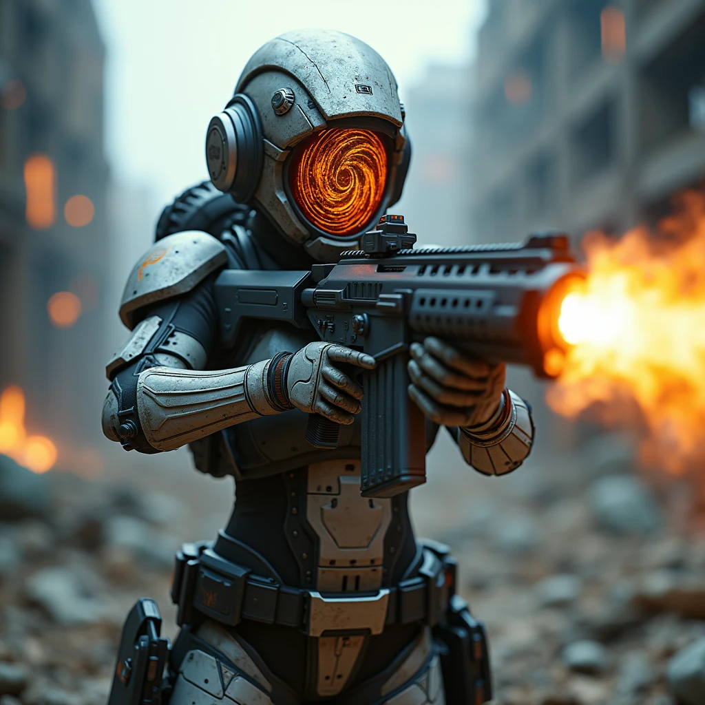 A full protective helmet mask made of smoke and flames, and futuristic high-tech battle armor,Sci-fi female space warrior,High-tech science fiction magical weapons,Tactical equipment,Shooting stance,Battlefield environment,Art Photography