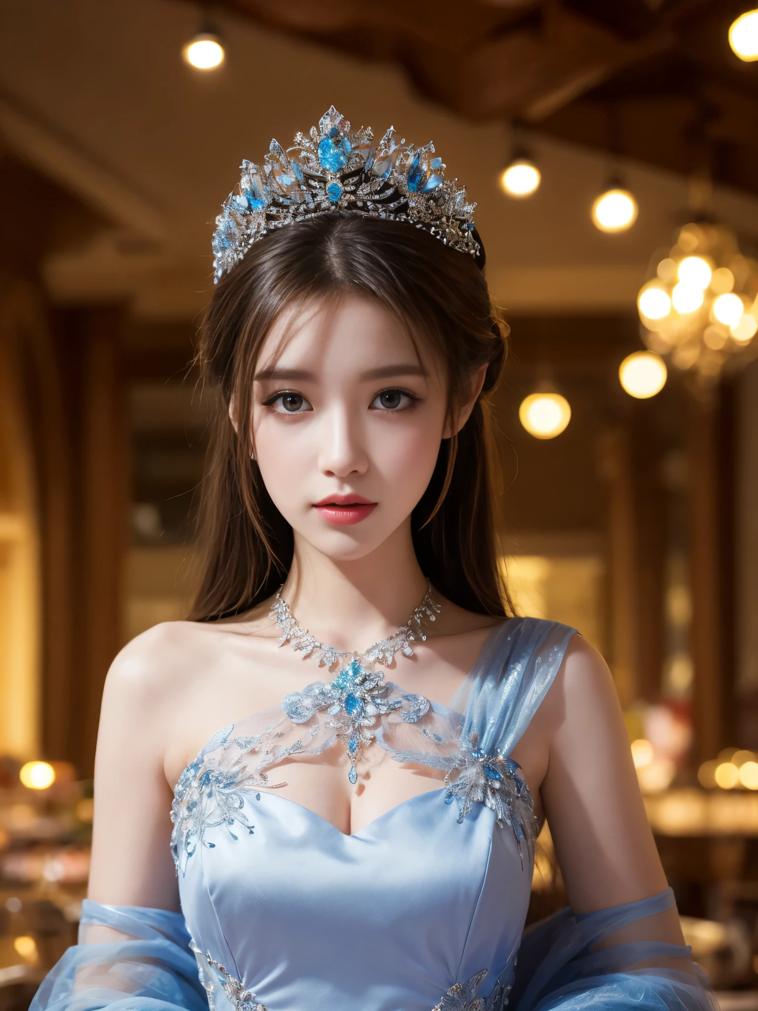 1girl,masterpiece,best quality,beautiful,extremely detailed CG unity 8k wallpaper, wearing intricate blue dress, luxury party background