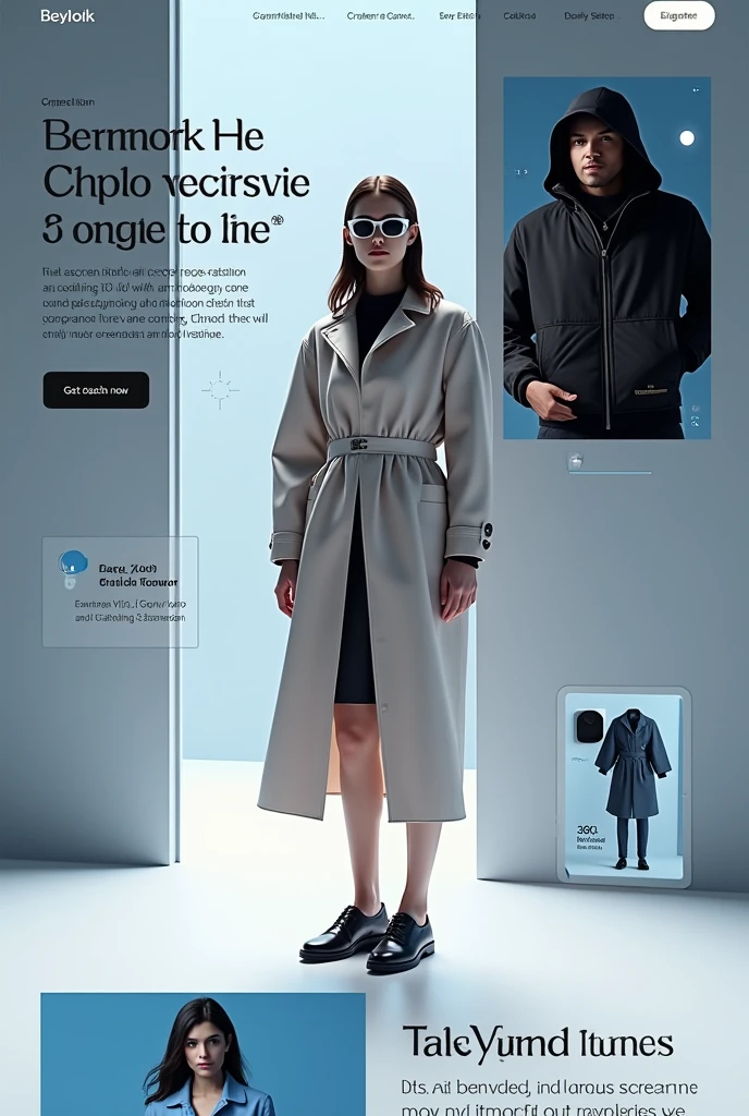 Design the homepage of a fashion website that uses artificial intelligence for close interaction. Three key sections:
Body and face scanner to create holograms and test trendy accessories and clothes. 
Fashion catwalks in 360° virtual reality. 
AI Fashion Item Generator.