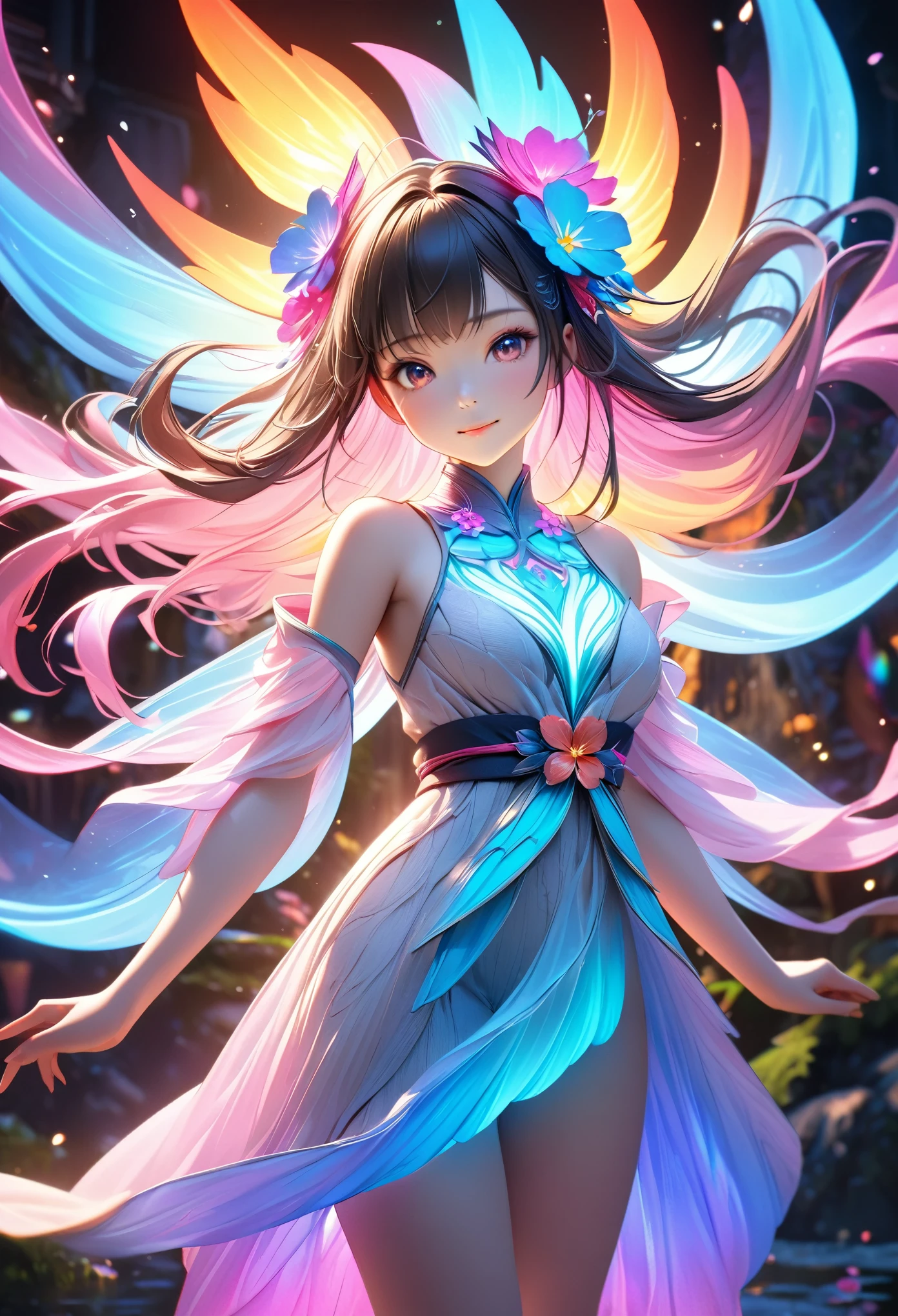 High quality, high resolution, 8K, Ultra HD, best proportion, young and cute Japanese woman, beautiful flowing colorful neon luminous bioflower forming a woman, full depth of field and realistic texture, inviting you to a fantasy world.