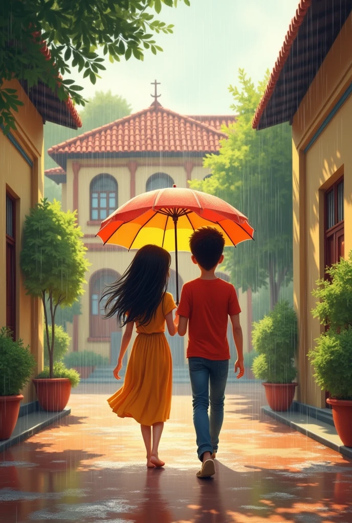 : A quaint school in a bustling Indian town back to home to cute couple Rainey days girl holding umbrella and walking boy can enjoy rain and suggest girls