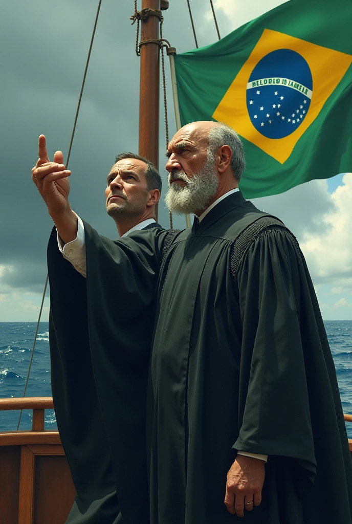 A ship with Brazilian flags sinking, your captain is a bald judge with a mean face, by his side a man looking like the president of Brazil Luiz Inácio Lula da Silva crying with his hand up with only four fingers missing the little finger
