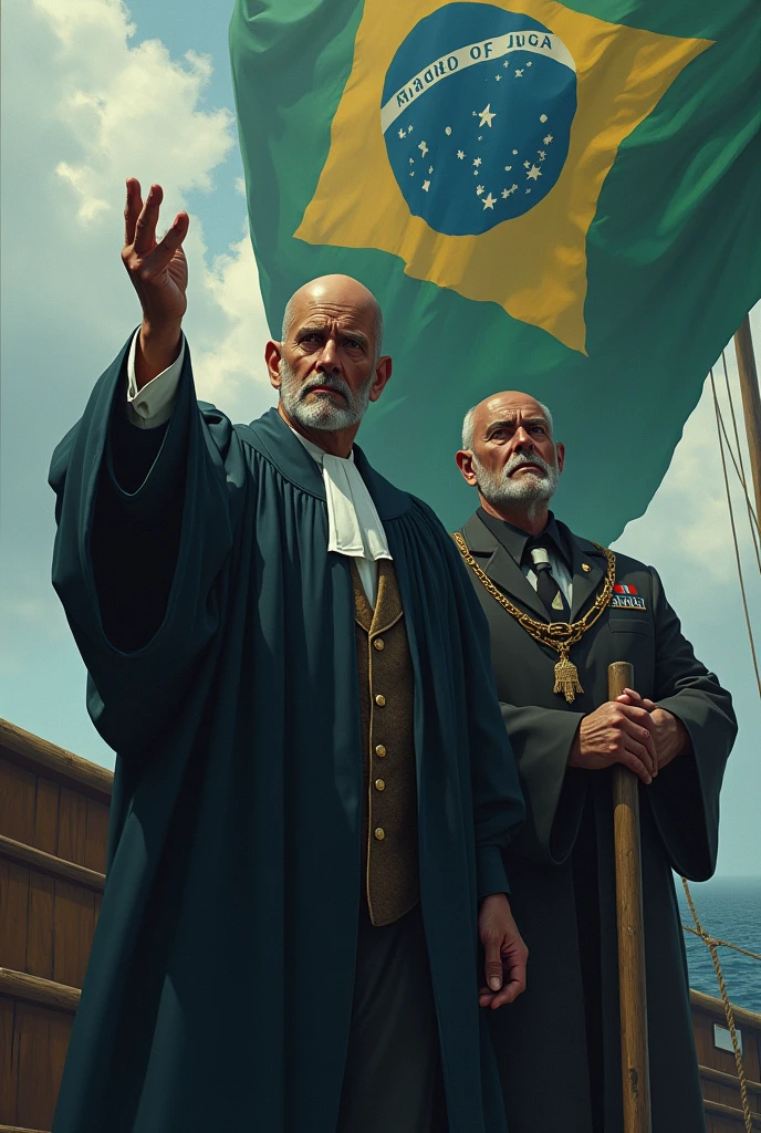 A ship with Brazilian flags sinking, your captain is a bald judge with a mean face, by his side a man looking like the president of Brazil Luiz Inácio Lula da Silva crying with his hand up with only four fingers missing the little finger