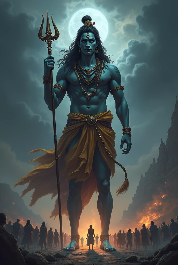 Happy smart shiv bhagwan in lion dress, in one hand trishool, second hand showing to humans hand, shiv bhagwan have only two hands and humans are very small and couples of man and women humans are wanting to shiv bhagwan and with background dark and shiv bhagwan is looking to humans with big temple