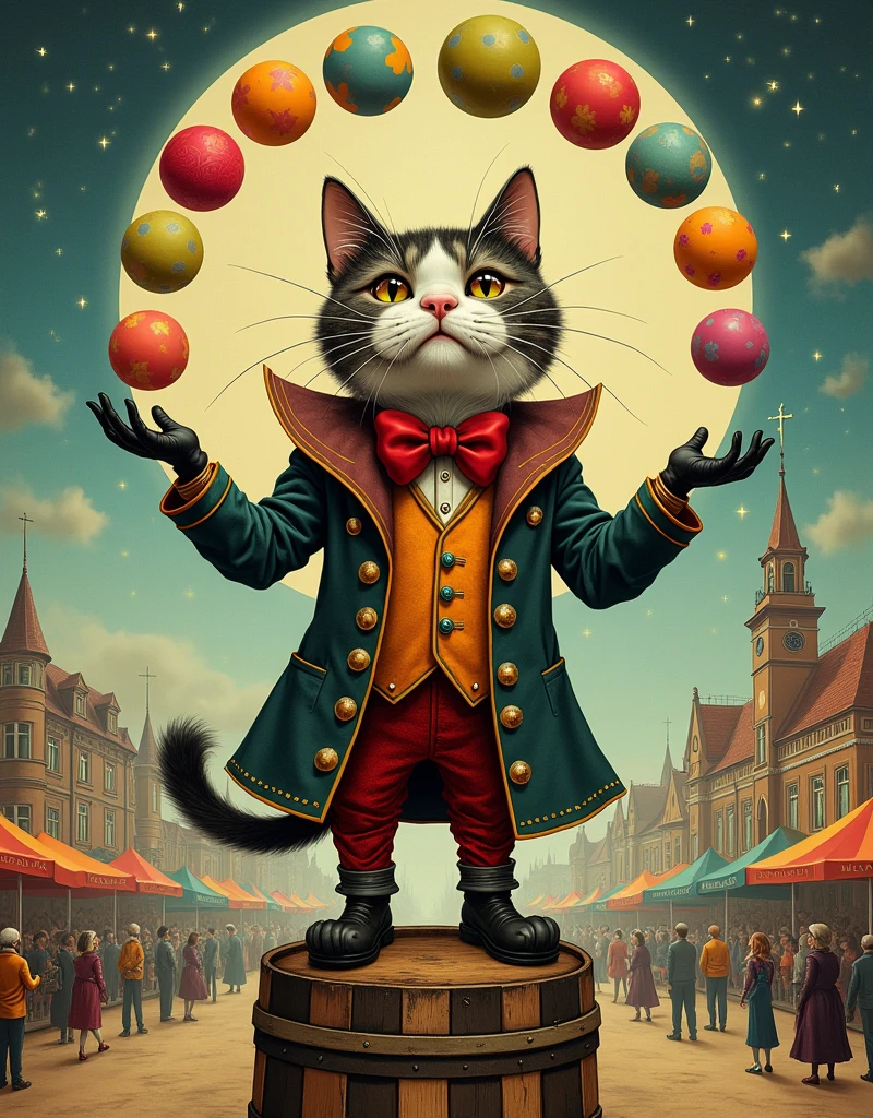 The detailed illustration for the humorous magazine is made in the style of a combination of the style of Edward Gorey and Mark Ryden, inspired by the works of Salvador Dali, the illustration shows a humanoid anthropomorphic Persian cat with a flat face and low ears in a buffoon costume, the cat juggles colorful balls standing on a colored striped barrel, full pose, full body, carnival, town hall, buffoon costume, clear, detailed, high stylization, slow elaboration