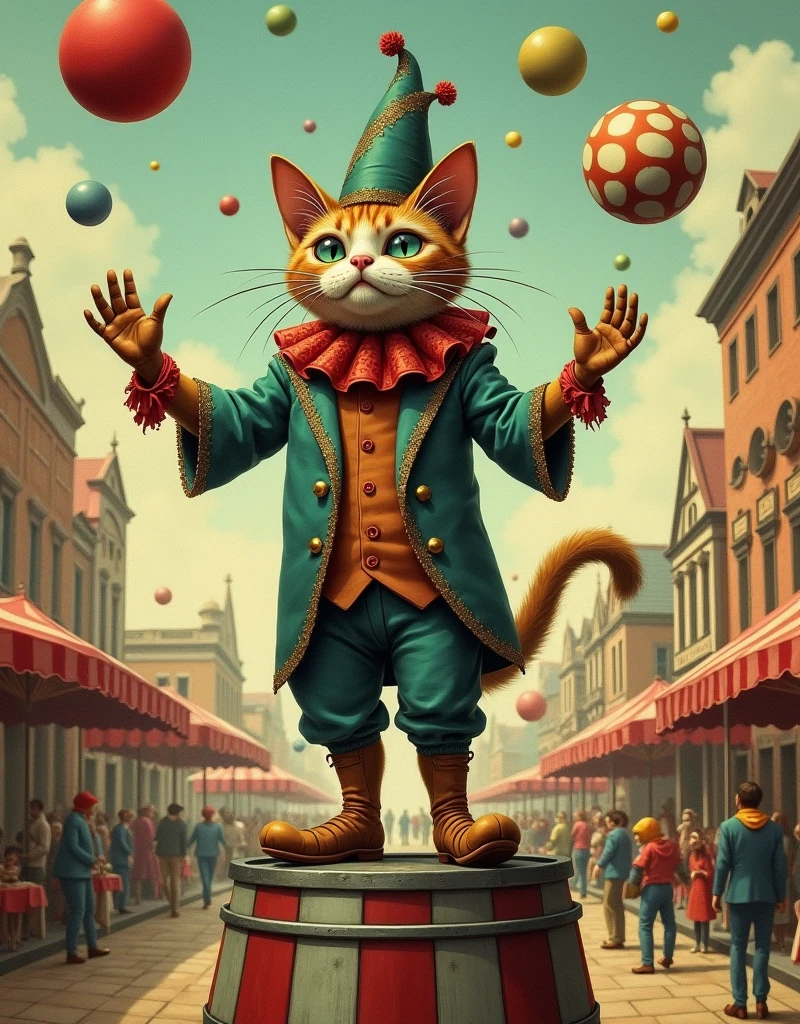 The detailed illustration for the humorous magazine is made in the style of a combination of the style of Edward Gorey and Mark Ryden, inspired by the works of Salvador Dali, the illustration shows a humanoid anthropomorphic Persian cat with a flat face and low ears in a buffoon costume, the cat juggles colorful balls standing on a colored striped barrel, full pose, full body, carnival, town hall, buffoon costume, clear, detailed, high stylization, slow elaboration