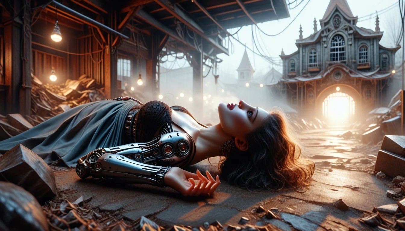Create a mesmerizing 3D geographical image that captures the essence of a post-apocalyptic world. In this image,
a colossal red eye emerges, captivating viewers with its broken glass-like pupil. Tiny people can be seen climbing
over the edge of the eye's lip, diligently repairing the shattered glass, creating a stunning visual effect that
emphasizes macro details. The composition should evoke a sense of duality, representing the two contrasting parts
of the post-apocalyptic world. Additionally, incorporate elements of double exposure crack, symbolizing the fragility
and resilience of the human spirit.