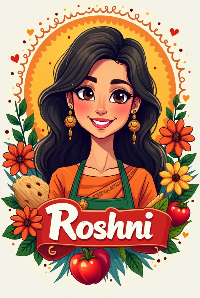 Make a youtube channel logo. which name is cooking with roshni some indian food recipe and testy Yummy emojis, vegitarian food, sweets