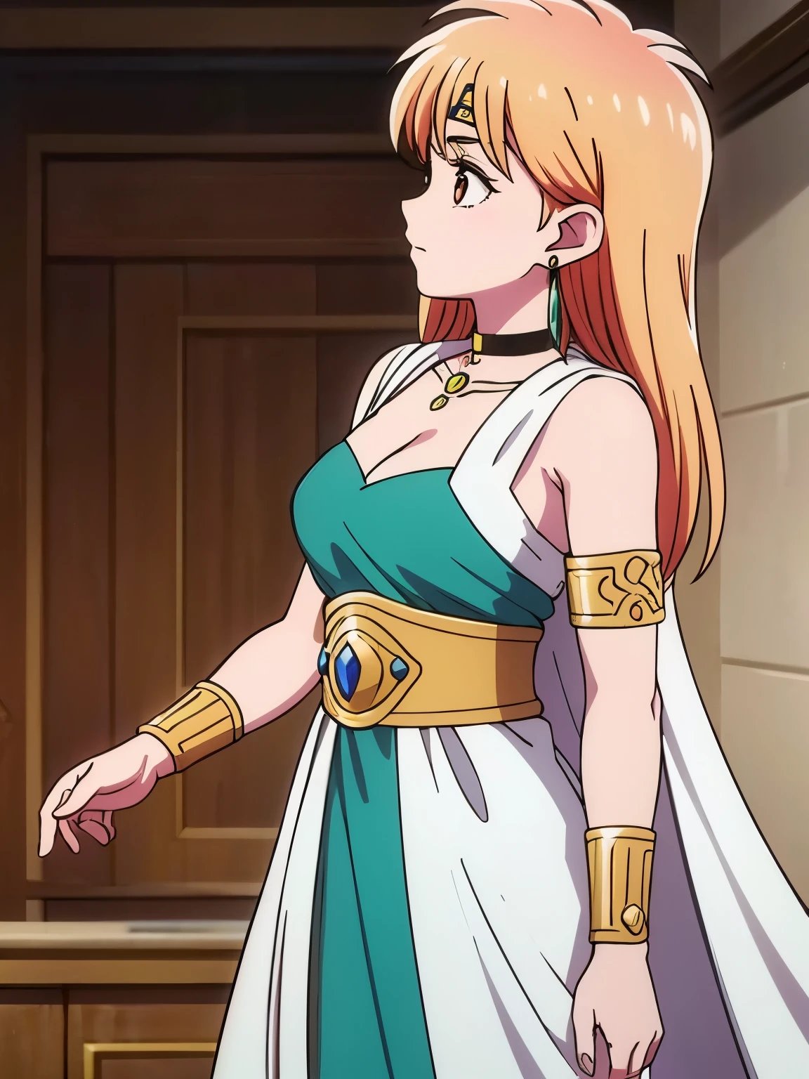 (masterpiece, highest quality:1.2, 8k yen, Ultra-high resolution), RAW Photos, Professional Lighting, Cinema Lighting, 1 girl, alone, Leona, Dragon Quest:dai no daibouken, (blonde, Long Hair, Brown eyes, hair ornaments, bangs), ((brass Circlet, choker, earrings, golden armor pads, Earrings, golden hair pin, white robe, green dress, Golden belt, golden bracelet, cloak)), Big eyes, ((no back ground)), (Ultra Slim Waist, Ultra slim model body style), Highly detailed face, Highly detailed eyes, right front view, full body shot, standing, 