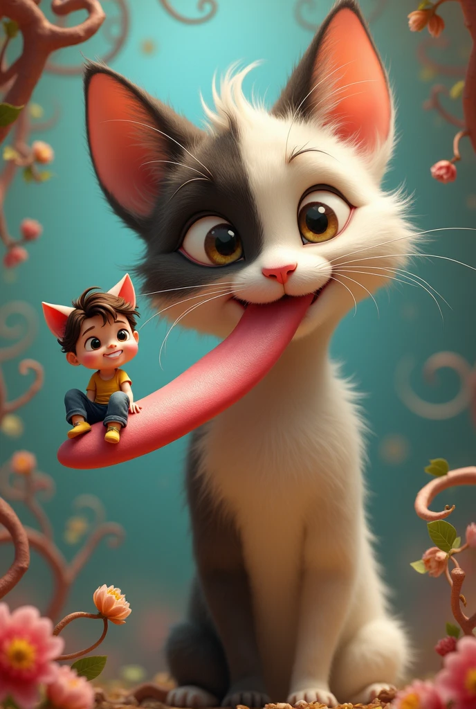 A furry ager cat with a kid sitting on the top his tongue