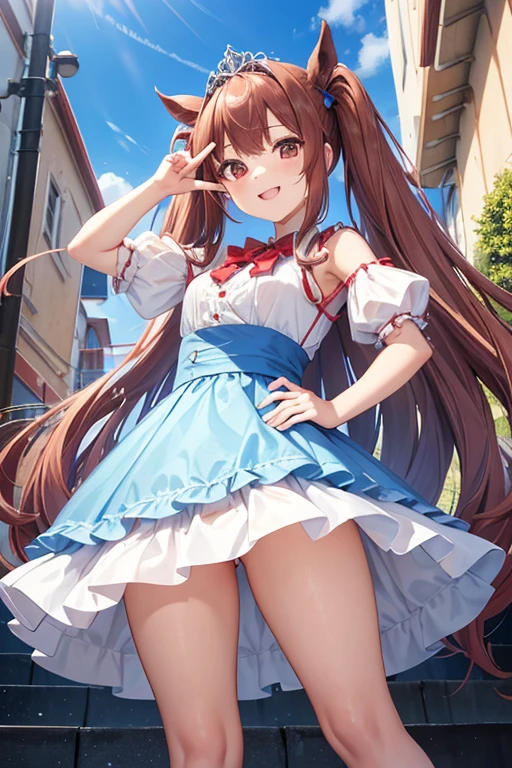 Daiwa Scarlet,Horse Girl,Red-brown hair,Long twin tails,A rather large fluffy light blue hair clip,Small silver tiara,Slanted Eyes,Dazzling Smile,Thin thighs,A blue and white dress,Right hand points out in front with index finger up,Place your left hand on your hip