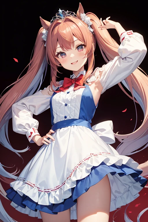 Daiwa Scarlet,Horse Girl,Red-brown hair,Long twin tails,A rather large fluffy light blue hair clip,Small silver tiara,Slanted Eyes,Dazzling Smile,Thin thighs,A blue and white dress,Right hand points out in front with index finger up,Place your left hand on your hip