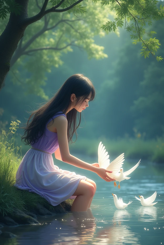full lenght Young woman, beautiful and sweet, 20 years old, long black hair, wearing a sleeveless purple dress and a short white skirt, light and beautiful, a soft and delicate forest scene, shimmering light, beautiful. Young woman sitting and playing with four or five glowing white birds by the water. Oil painting, oil painting, three-dimensional painting, art painting, Professor Chalermchai, riverside scene in the morning.