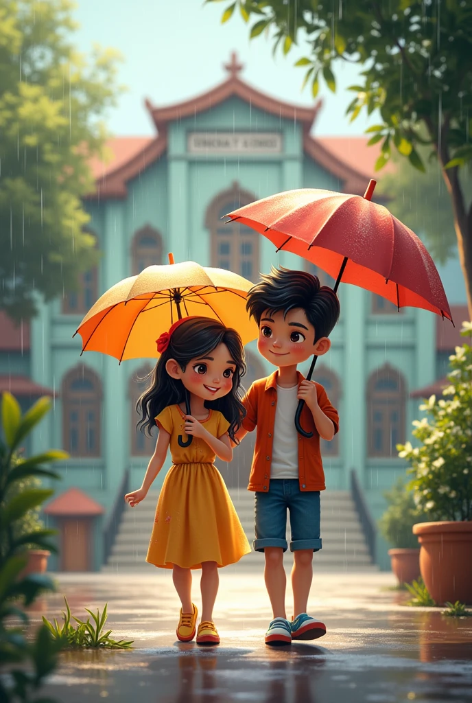 : A quaint school in a bustling Indian town back to home to cute couple Rainey days girl holding umbrella and walking .boy can enjoy rain and suggest girls