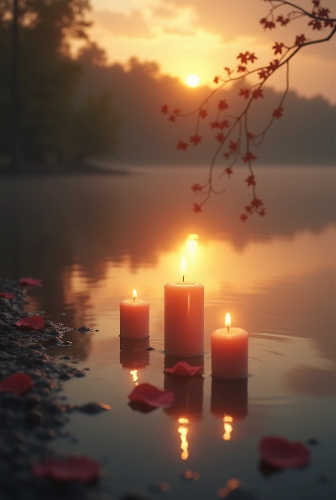 Beautiful picture at a lake with candles at sunset on the occasion of the birthday of a deceased person