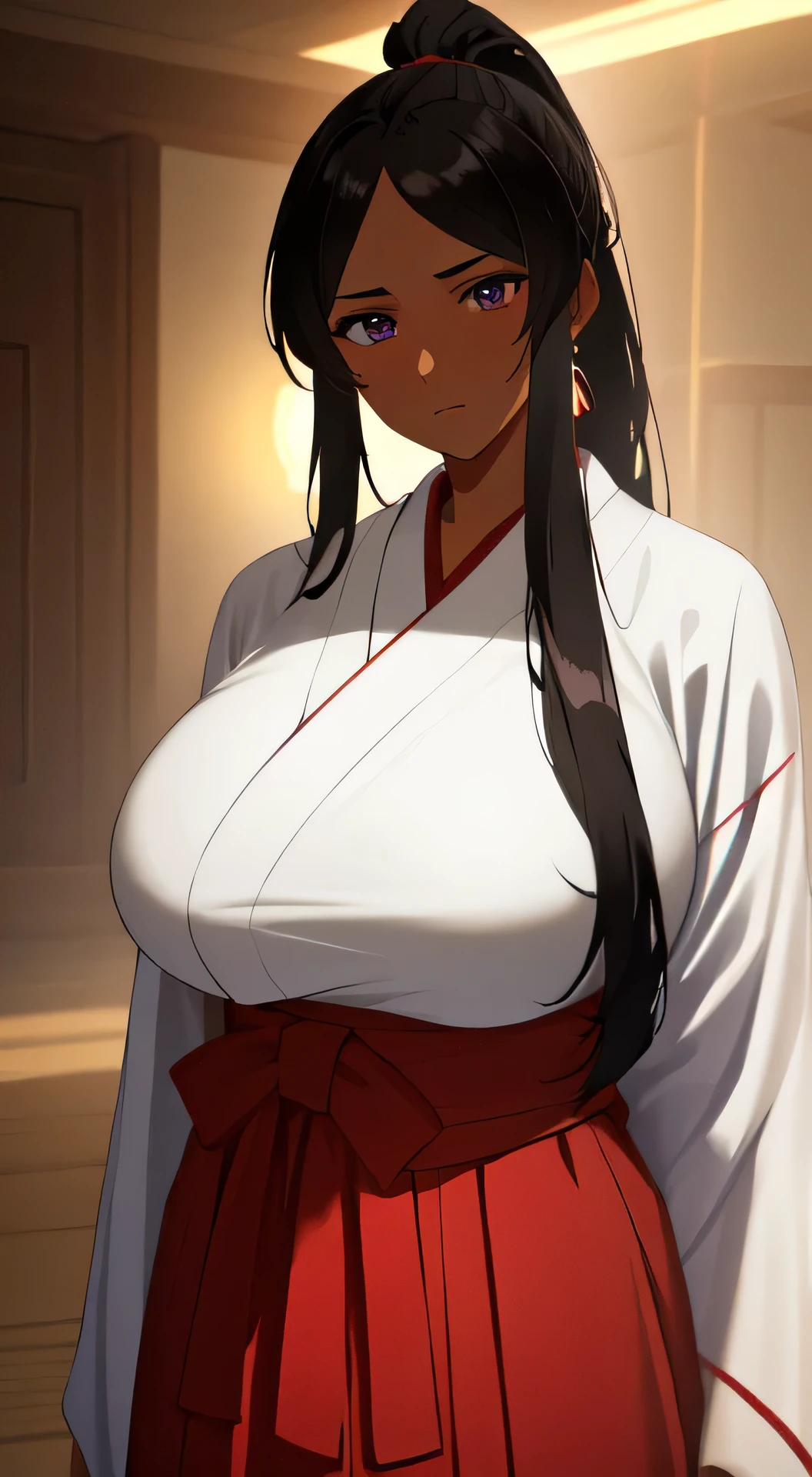 a beautiful young woman, long black hair tied in high ponytail, parted bangs, gigantic forehead, purple eyes, (tan skin: 1.3)), massive breasts, red hakama, white kimono, 90s anime style, cinematic lighting, highly detailed, masterpiece, 8k, photorealistic, hyper detailed, intricate background, soft lighting, vibrant colors, dramatic shadows, symmetrical composition, expressionless, bored, tired, facing viewer