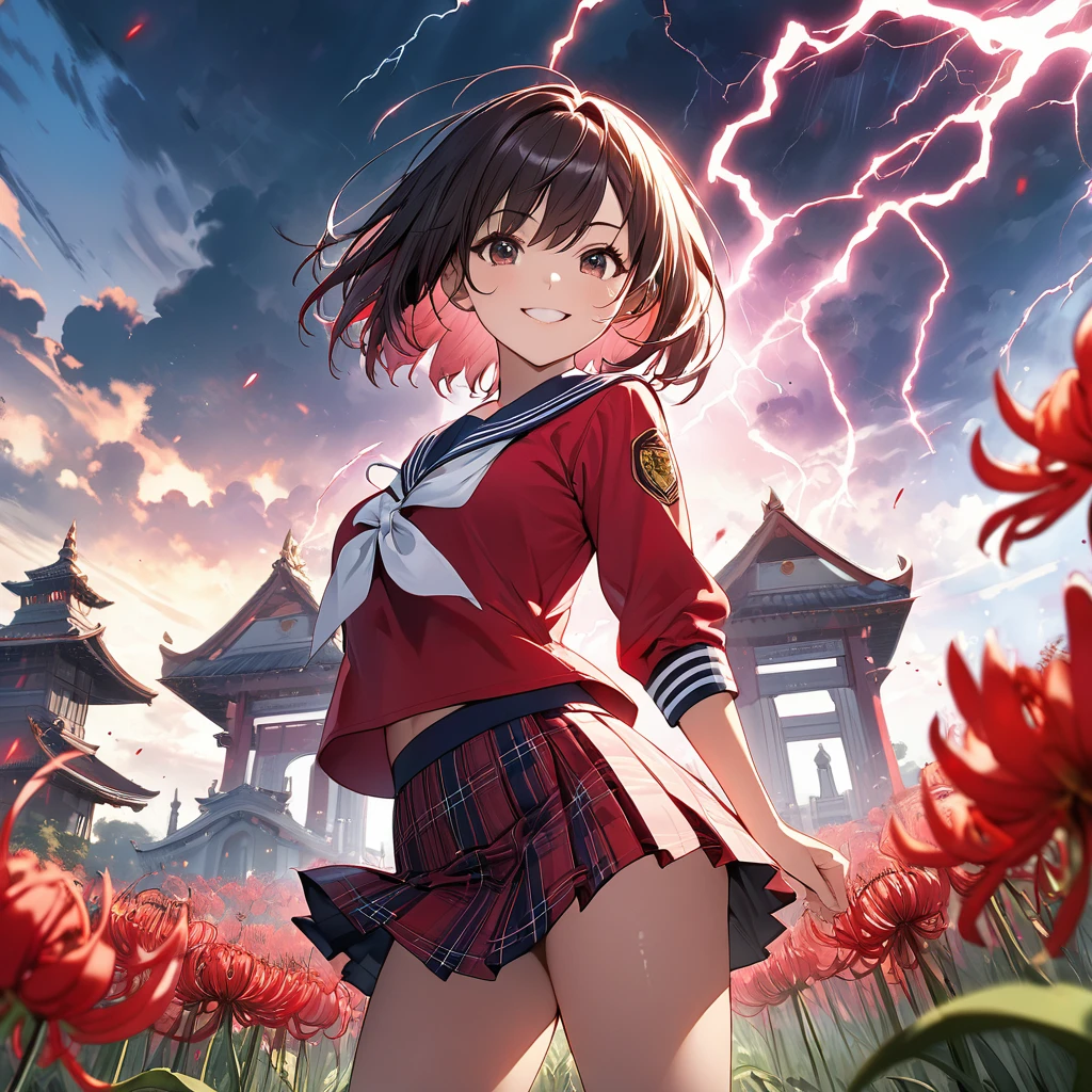 masterpiece、Bold, anime-style illustration、Dense painting、Dynamic Movies、Cinematic lighting、Front camera angle、Temple grounds、A high school girl standing in a field of red spider lilies、Beautiful girl、Invincible Smile、stylish、short hair、Short sailor suit、Cleavage、Tartan check mini skirt。Lightning strikes her。
