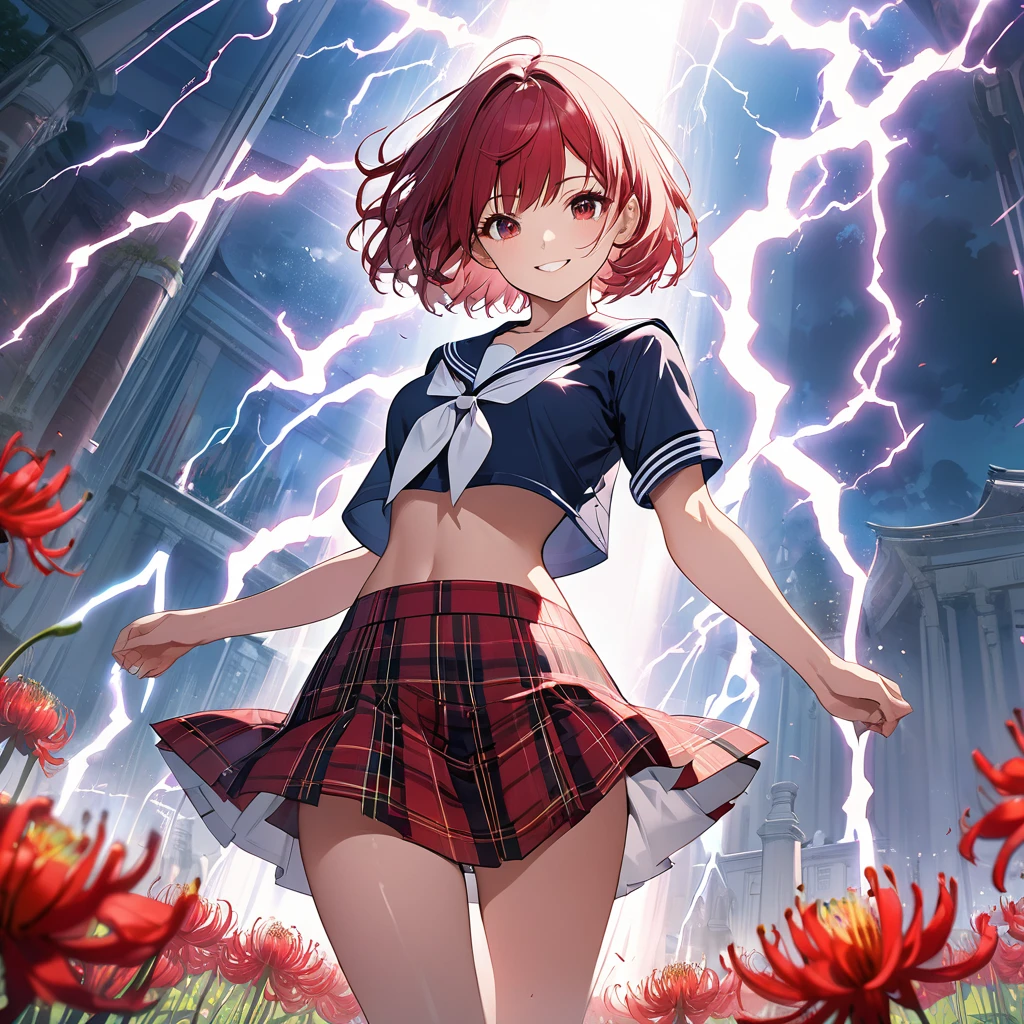 masterpiece、Bold, anime-style illustration、Dense painting、Dynamic Movies、Cinematic lighting、Front camera angle、Temple grounds、A high school girl standing in a field of red spider lilies、Beautiful girl、Invincible Smile、stylish、short hair、Short sailor suit、Cleavage、Tartan check mini skirt。Lightning strikes her。