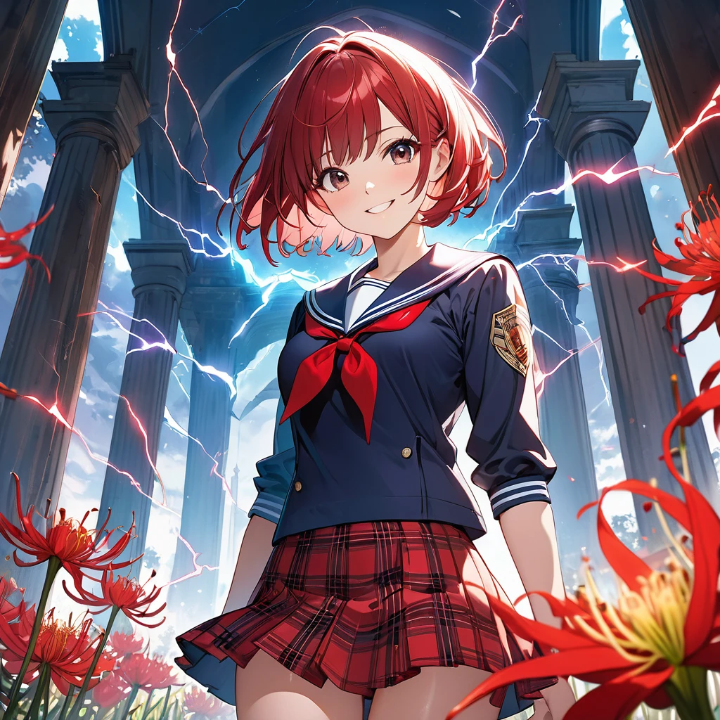 masterpiece、Bold, anime-style illustration、Dense painting、Dynamic Movies、Cinematic lighting、Front camera angle、Temple grounds、A high school girl standing in a field of red spider lilies、Beautiful girl、Invincible Smile、stylish、short hair、Short sailor suit、Cleavage、Tartan check mini skirt。Lightning strikes her。
