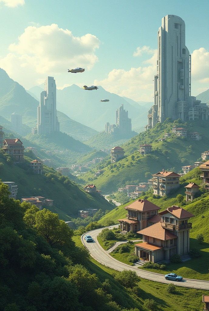 hills with lights and houses and cars and flying cars and modern house